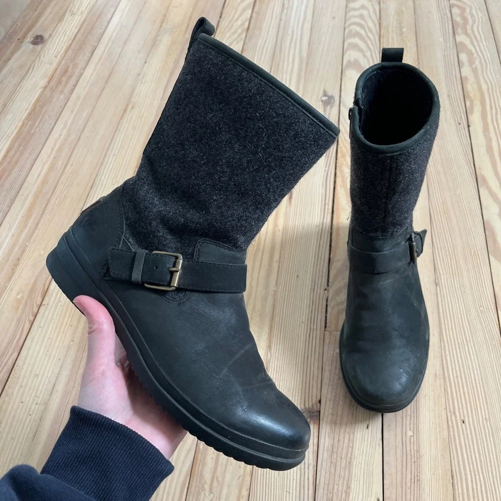 UGG Simmens‎ Waterproof Rain Leather Wool Mid Calf Boots Black Womens Size 8